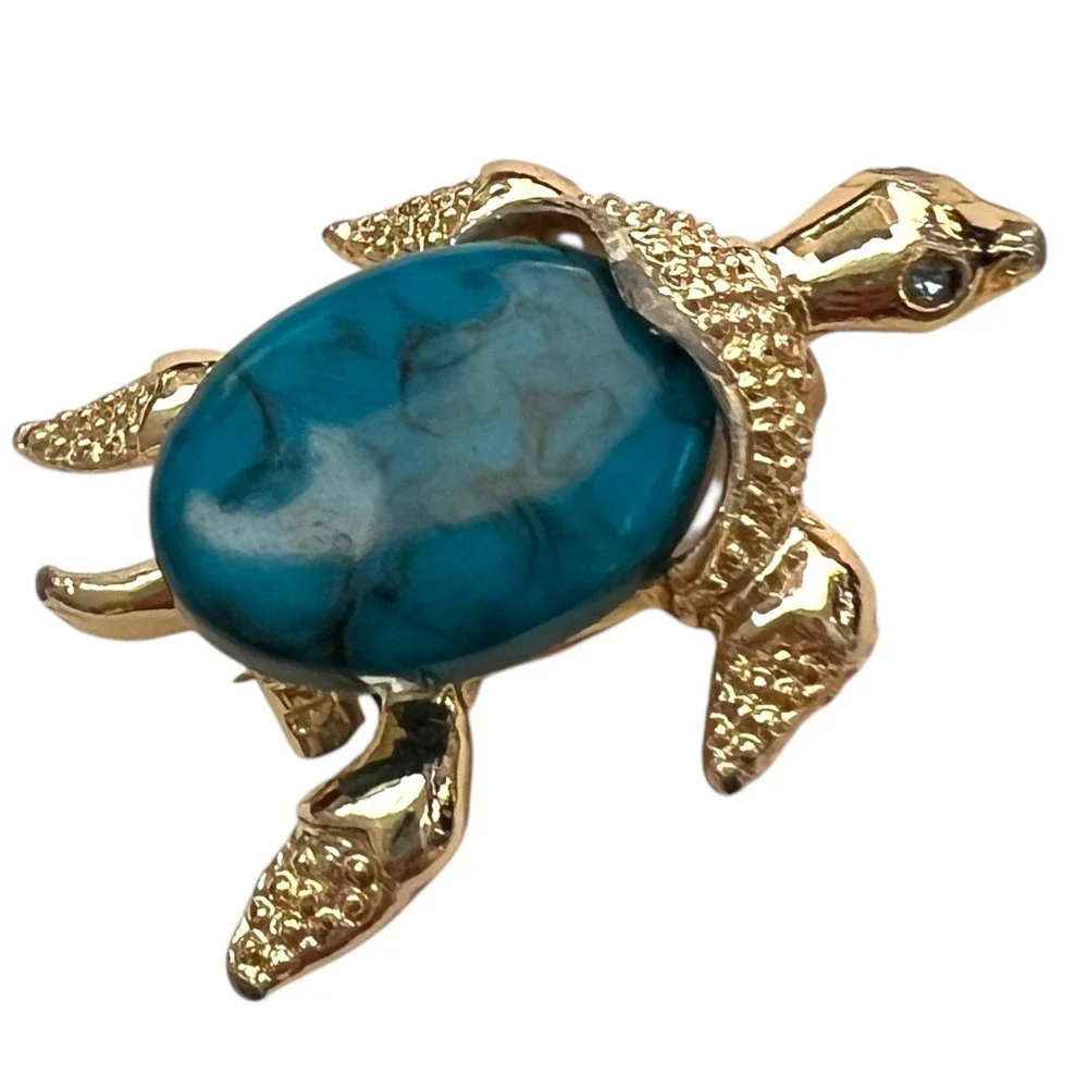 Vintage Gerry's Turtle Brooch‎ Turquoise Cabochon Gold Tone Figural Pin